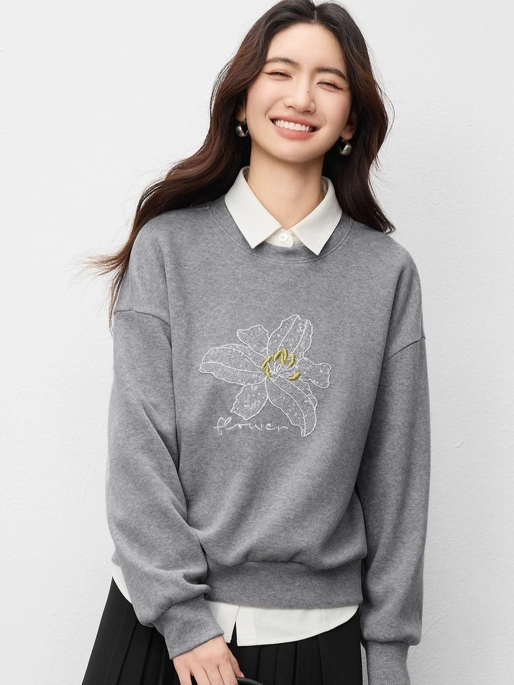 SENTUBILA Knitted Sweatshirts for Woman 2025 Autumn Winter O Neck Loose Pullovers Casual Letter Embroidered Sweaters 153AC3453