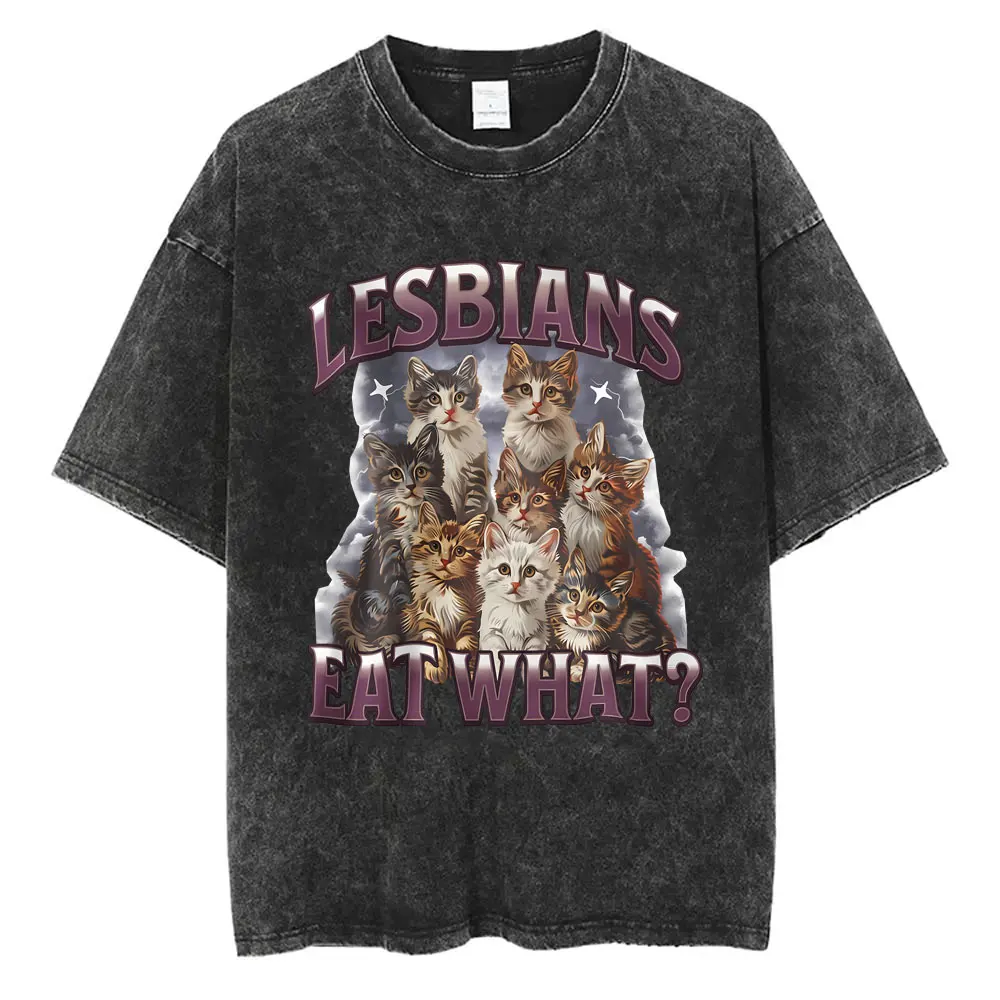 

Lesbians Eat What Vintage Washed T Shirts Unisex Casual Cotton Retro Short Sleeve T-shirts Men Women Cute Funny Cat Meme T-shirt