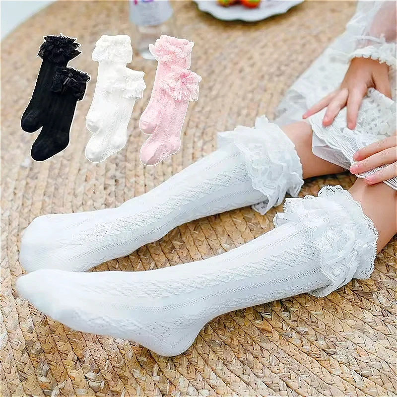 

Double layered lace pleated chiffon lace knee high socks with cotton mesh breathable pattern white socks for children aged 0-6