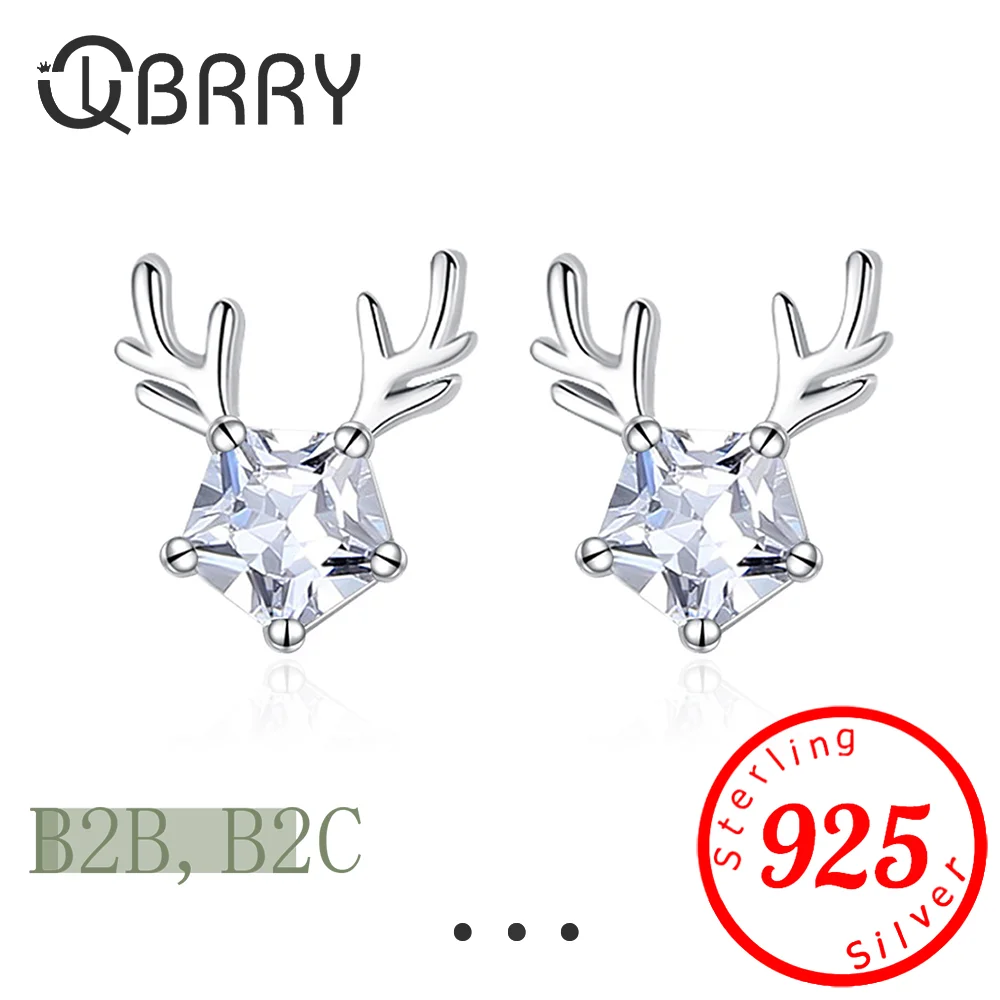 

Fashion Mini Antlers Stud Earrings For Women 925 Sterling Silver Christmas Jewelry Shiny Crystal White Pentagonal Earring