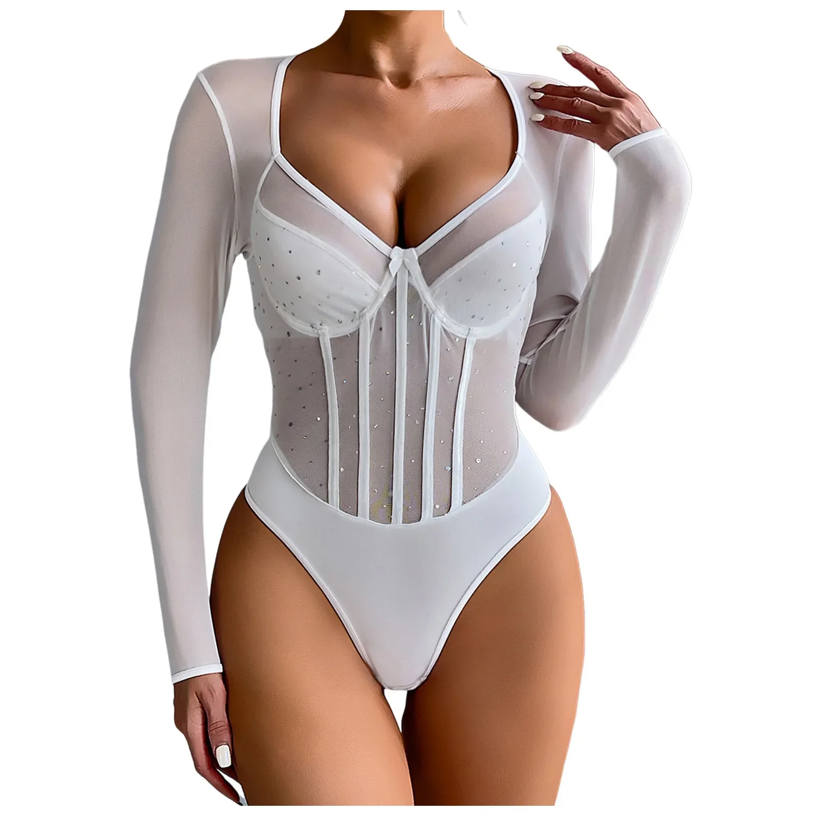 ผู้หญิงหนึ่งชิ้นเซ็กซี่ชุดชั้นในประกายแขนยาวJ Umpsuitเซ็กซี่บอดี้สูทสําหรับผู้หญิงบางเฉียบเซ็กซี่ชุดชั้นในS Hapewear