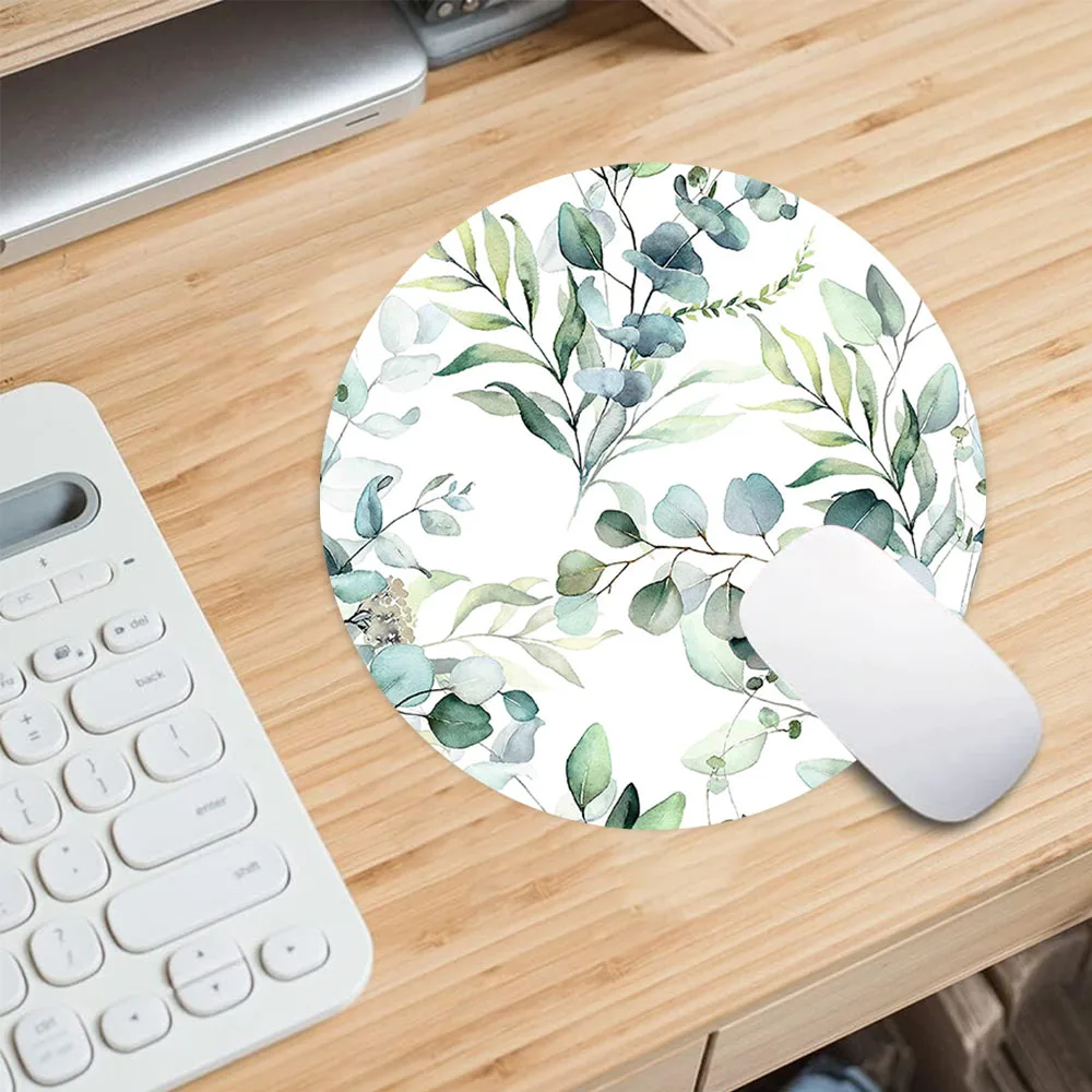 Round Mouse Pad Cute Leaves Design Rubber Mousepad Aesthetic Desk Accessory for Office Laptop Computer Gift for Friend