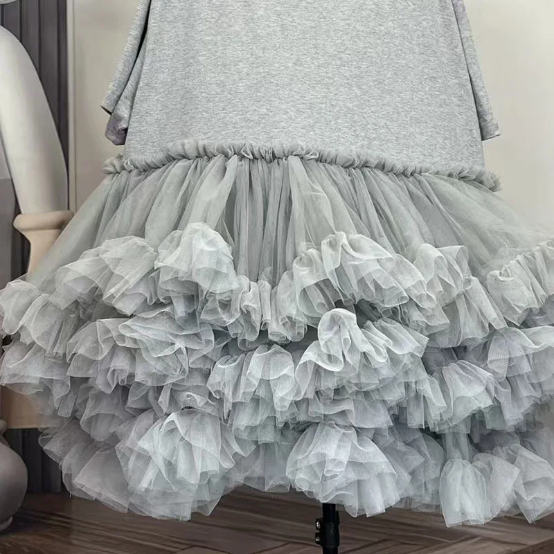 Pongrok mesh splitsen T-shirt met korte mouwen rok los ontwerp gevoel jurk dames zomer nieuw product