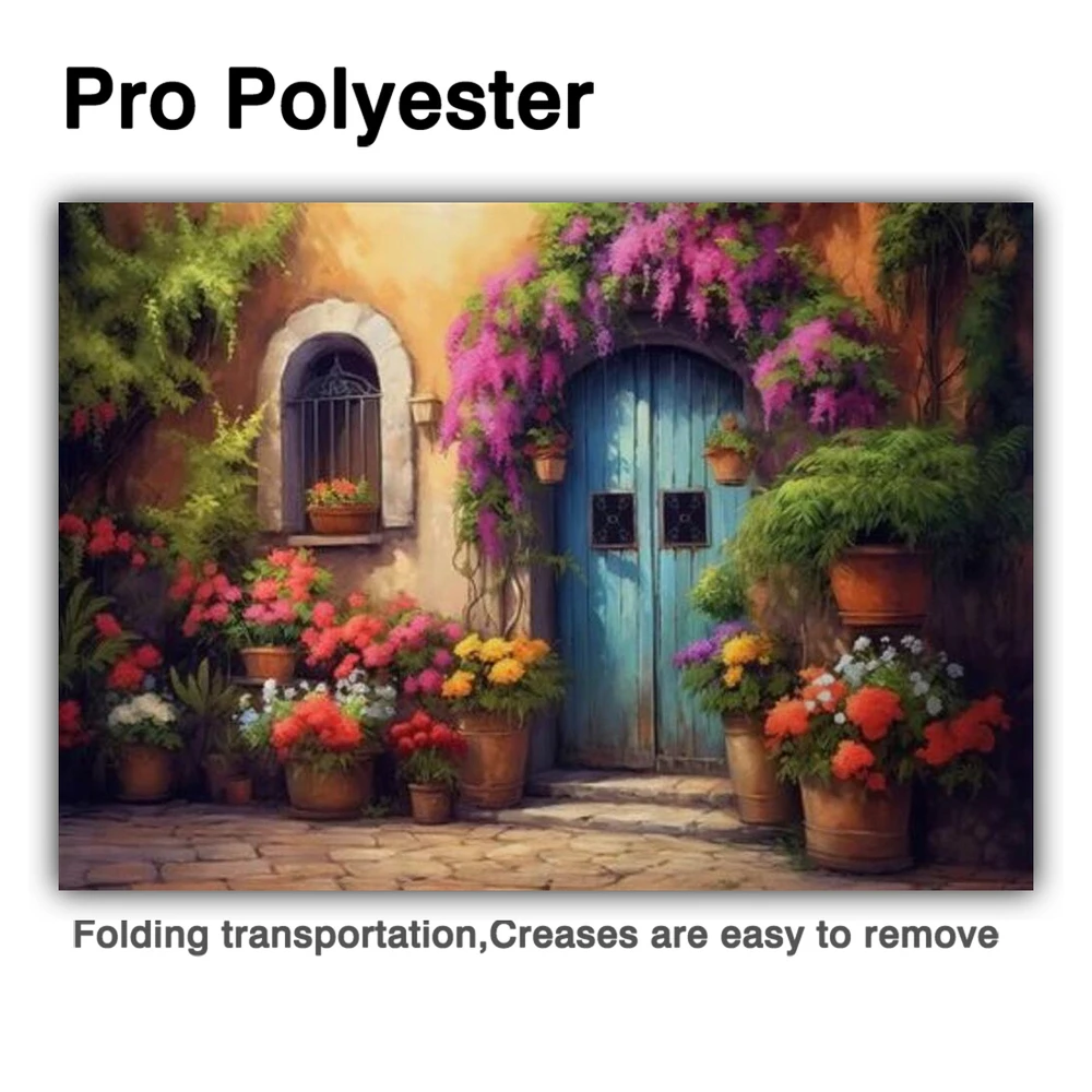 Allenjoy 다채로운 출입구 유화 배경, 마을 집 문짝 화분 꽃, 꿈꾸는 정원 사진 촬영 배경