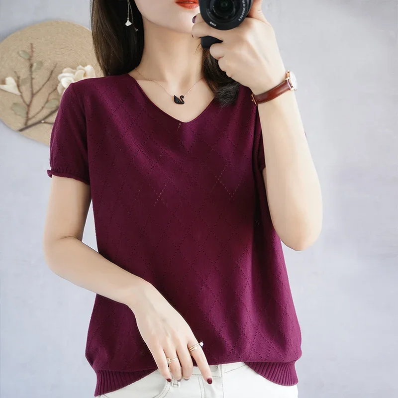 新しい女性の Tシャツ綿 100% カジュアルピュアカラーニットセーター半袖 V ネック女性のトップルーズファッション Tシャツ