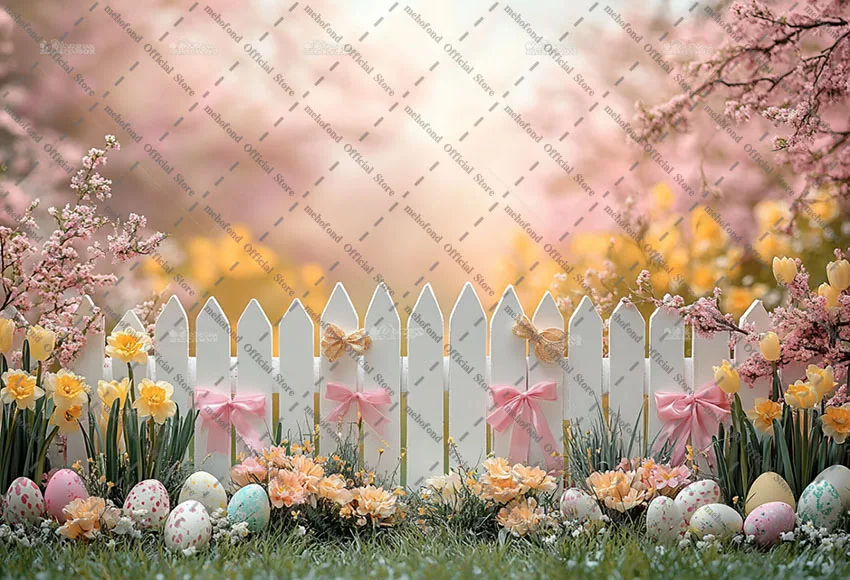 Mehofond Photography Background Spring Easter Garden Fence Flowers Bow Eggs Kids Birthday Portrait Decor Backdrop Photo Studio
