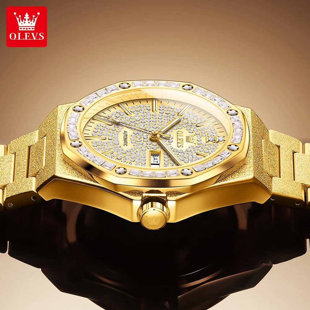 Olevs-男性用自動機械式時計,完全なダイヤモンド,中空フライホイール,カレンダー,週と月の満ち欠け,高級ビジネス時計,9803