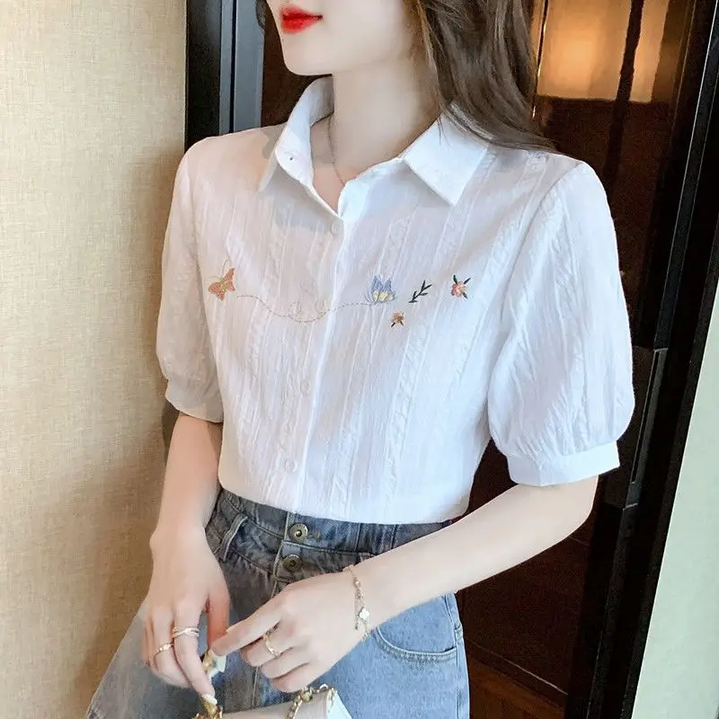 

Fashionable Embroidered Short Sleeved Puff Sleeve Top New Summer Women's White Cotton Shirt