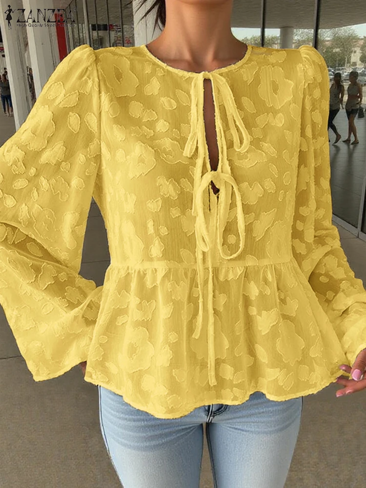 

ZANZEA 2025 Summer Women Lace Blouse Fashion Long Lantern Sleeve Tops Lace up Hollow Out Tunics Casual Loose Ruffled Blusas Femm