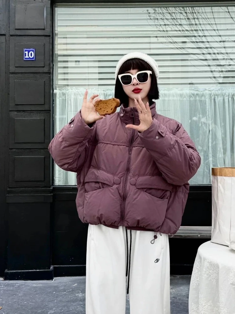 

2025 Women New Short Stand Collar Fluffy Puffer Jacket Autumn Winter Thick Wram Clothes Female Casual White Duck Down Coat