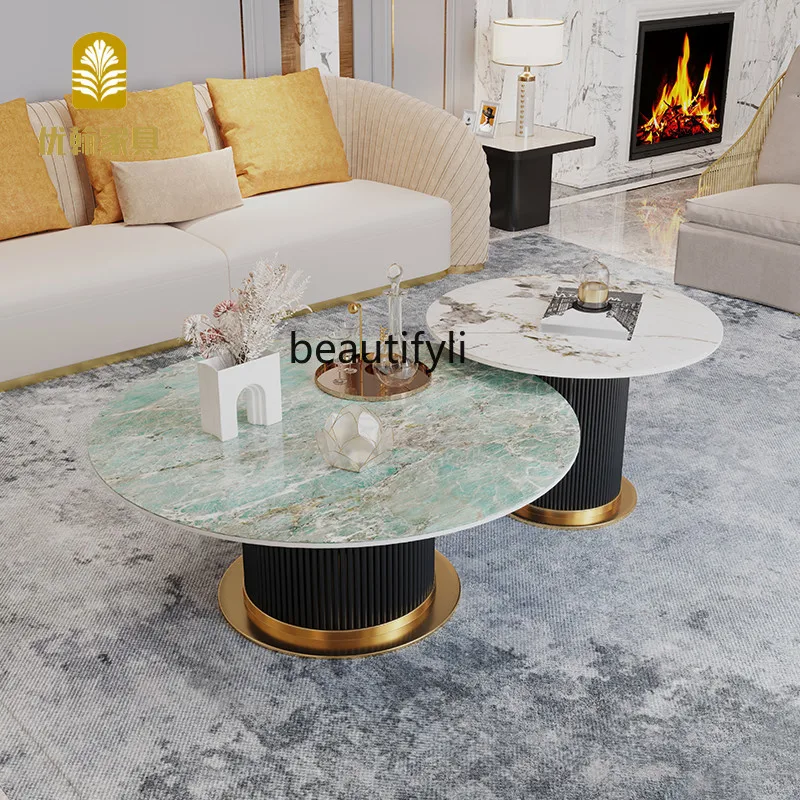 

zqLight Luxury round Stone Plate Coffee Table Combination Living Room Creative Simple Coffee Table Modern Nordic