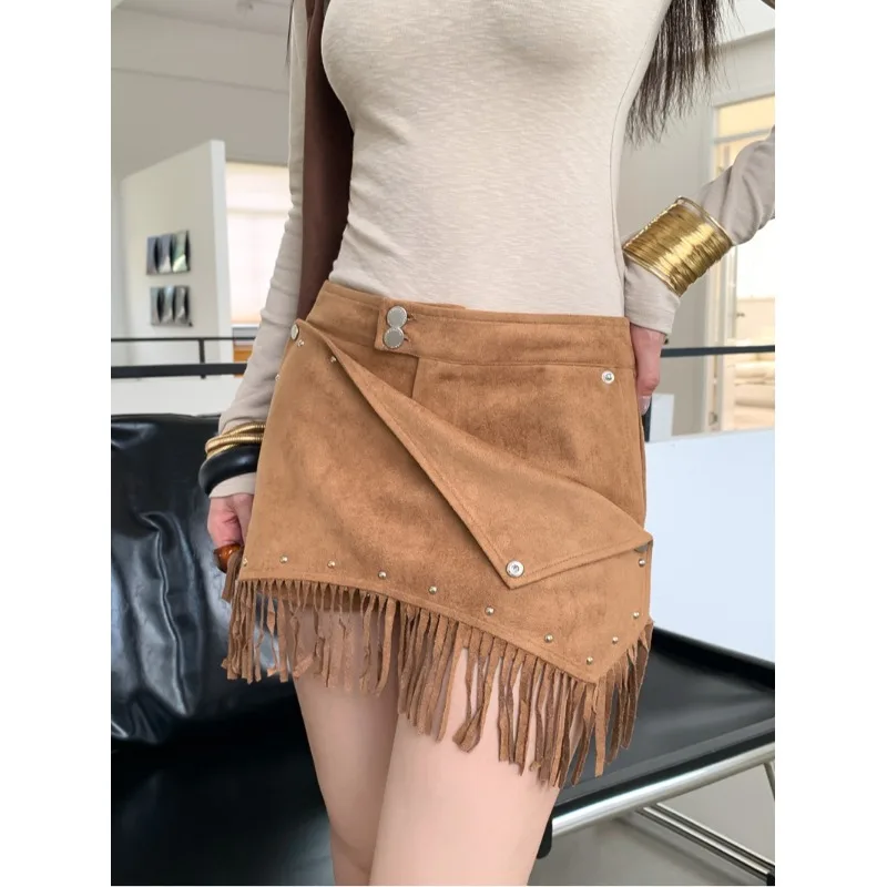 Removable Rivet Deer Skin Velvet Short Skirt Asymmetric Design Sensation Hot Girl Tassel Detachable 2026 New Style Casual Pants