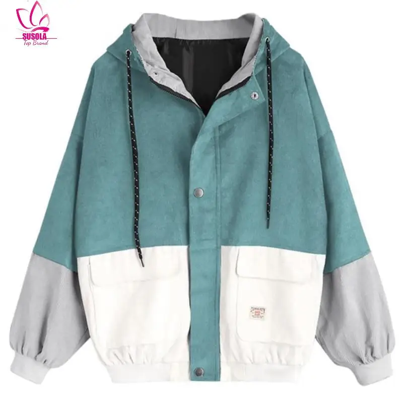 

New Autumn Women Coats Corduroy Patchwork Oversize Zipper Jackets Windbreaker Coats And Jackets Women Baseball-Uniform Clothes