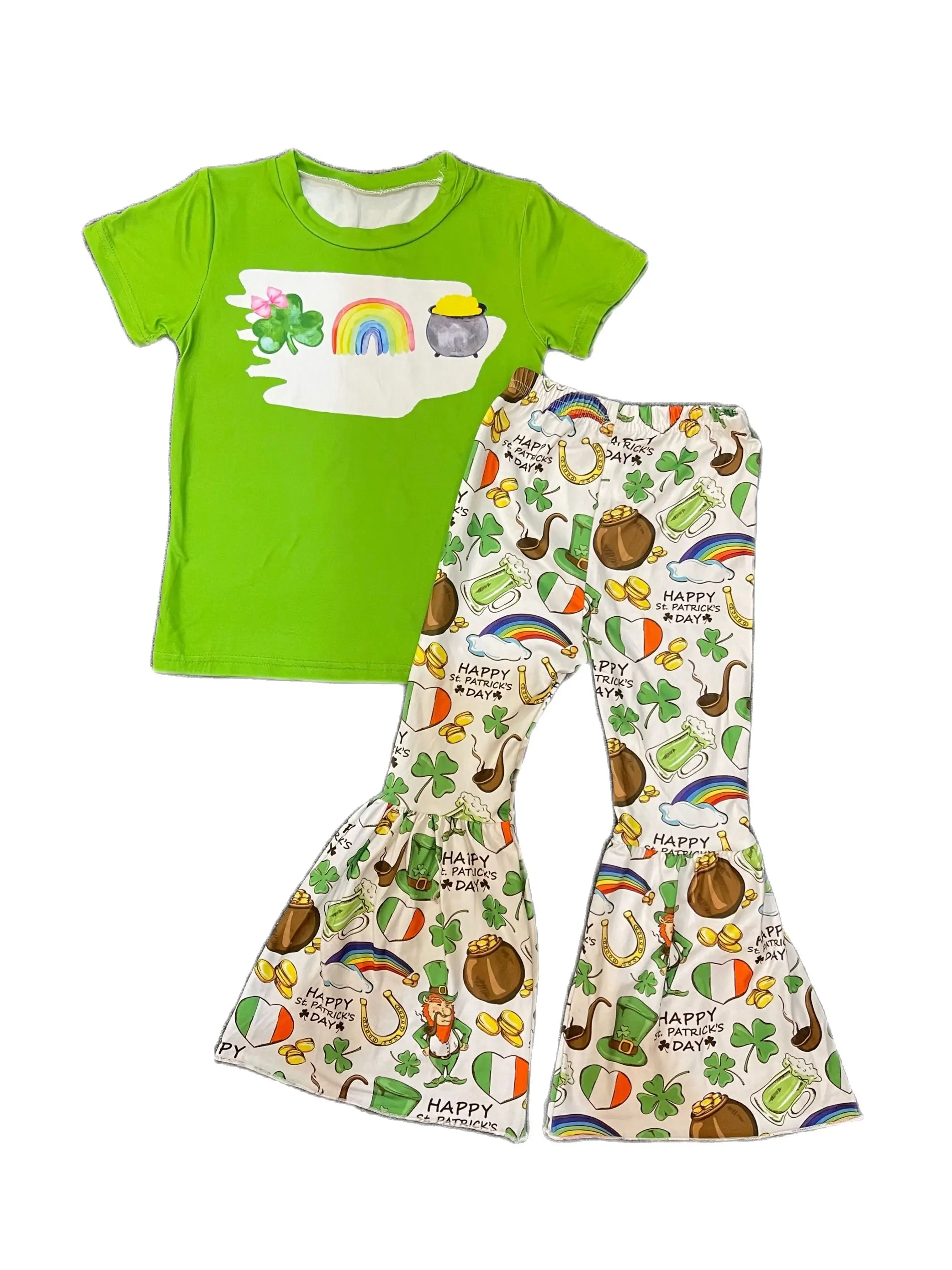 Fashion Boutique Girl St. Parker Set Lucky Four-leaf Clover Printed Green Short-sleeved Top Bell Pants Outfits