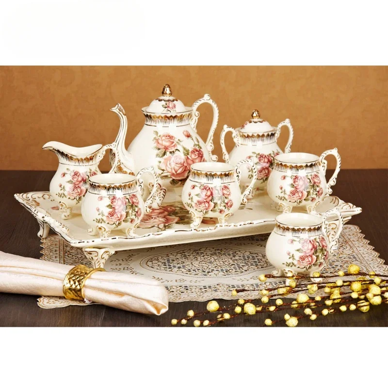 

8PCS Coffee Cup Set European Bone Porcelain Ceramic Cup And Dishes Coffee Set Tea With Tray 24K Gold Rose Pattern