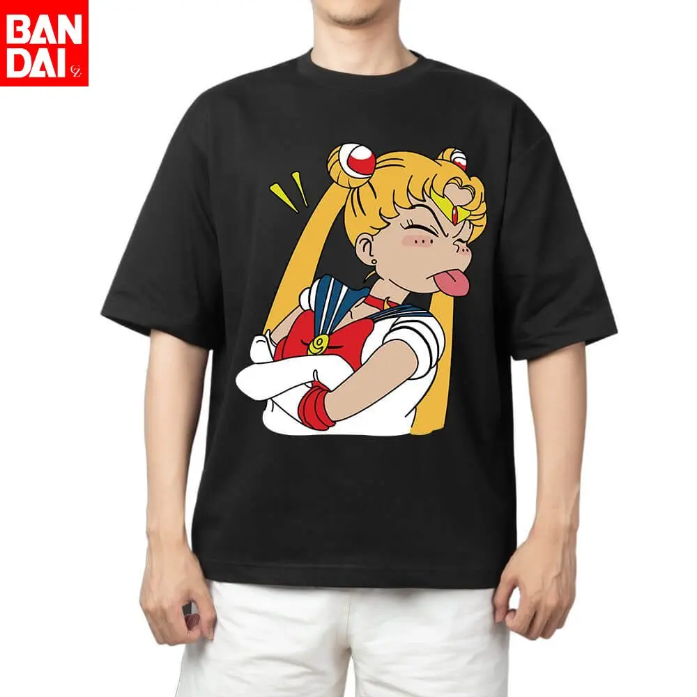 

Футболка мужская хлопковая Sailor Moon 2026 летняя, уличная, с аниме-графикой, оверсайз, с коротким рукавом, повседневная, с забавным принтом