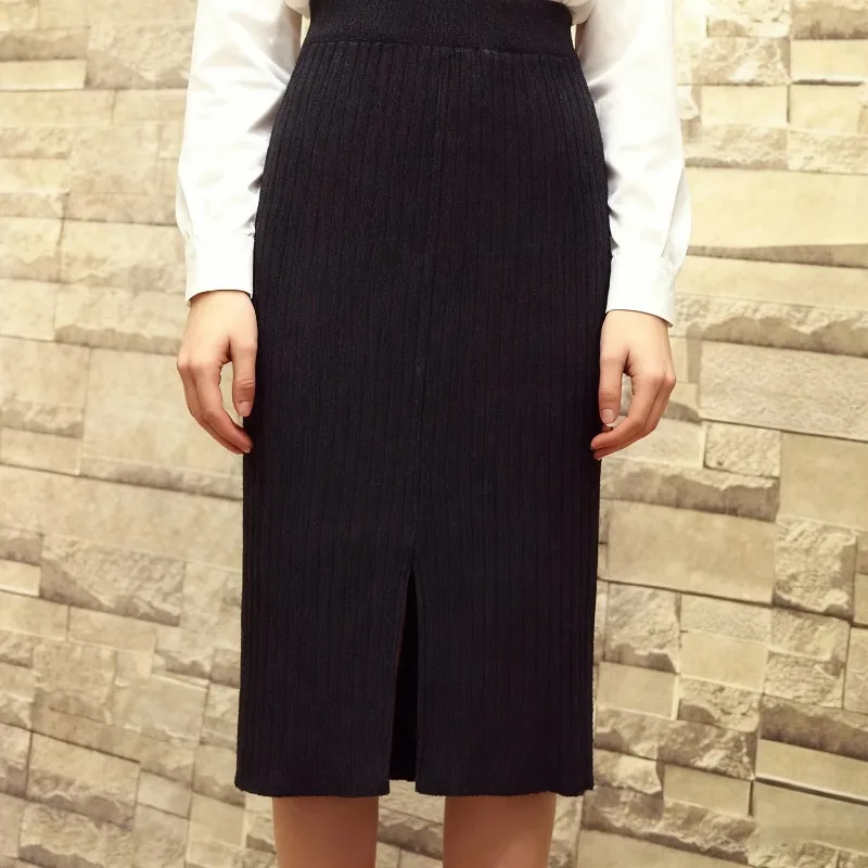 Dehnbarer gestrickter Bleistiftrock, lang, hohe Taille, figurbetont, mit Schlitz, Winter-Arbeitsrock für Damen, Büro, lässig, Midi-Kleid