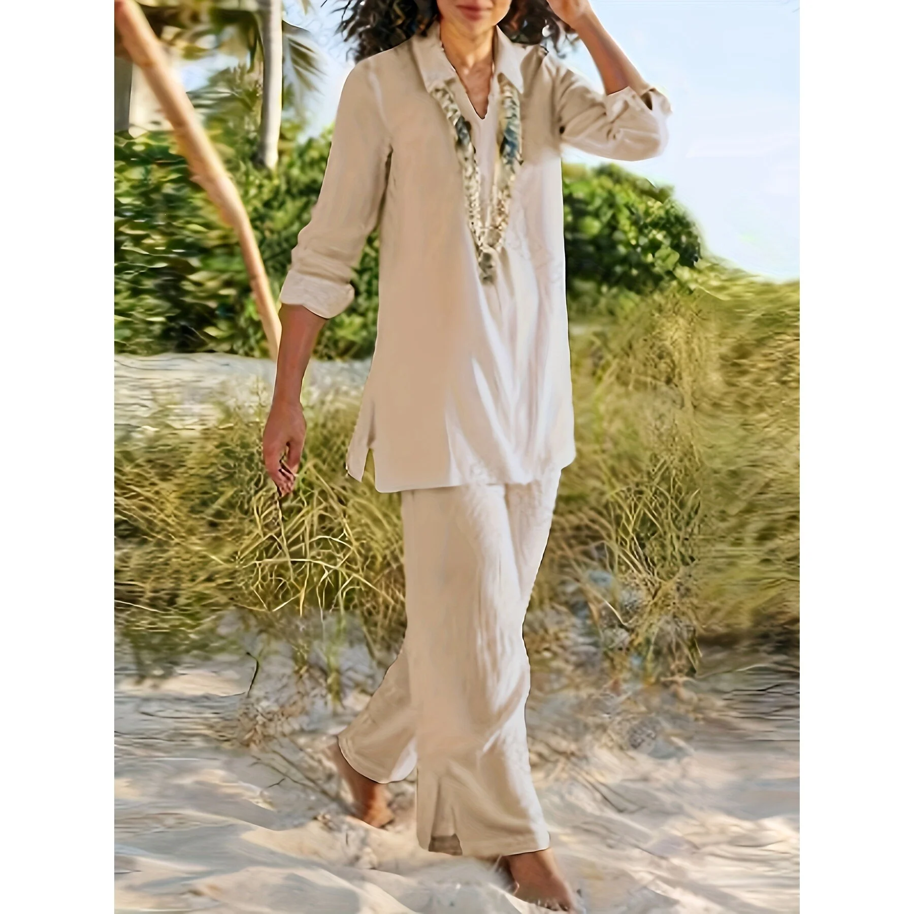 

Casual Cotton Linen Set T 61050 Women's Fashion Summer Outfit Loose Fit Comfortable Breathable Cross-Border Clothing