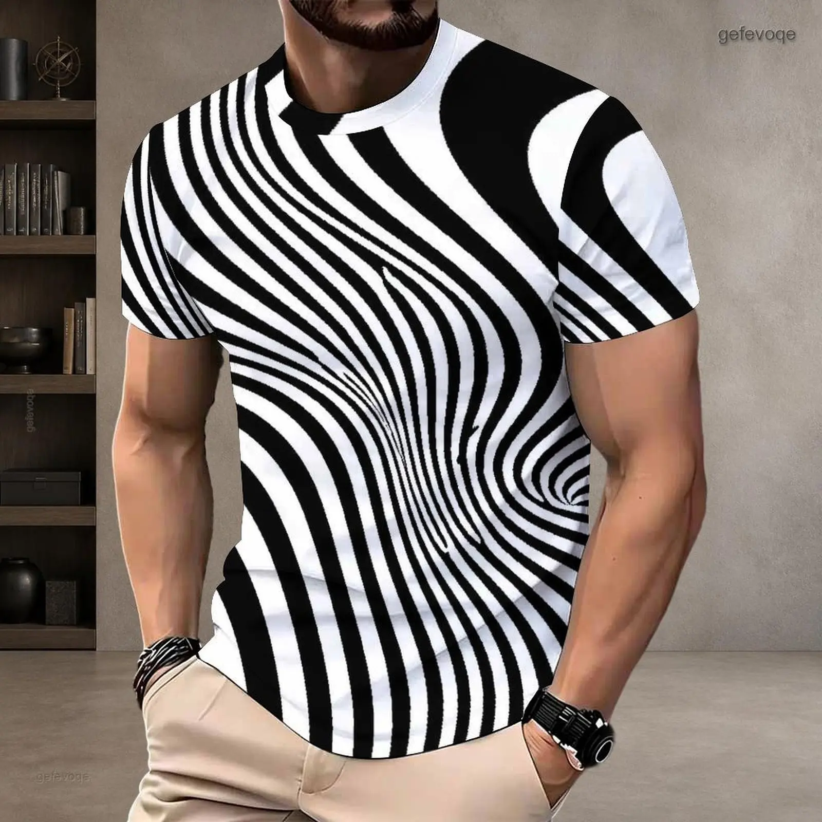 Men Black White Twisted Spiral Stripe Optical Printed Round Neck Short Sleeve T-Shirt