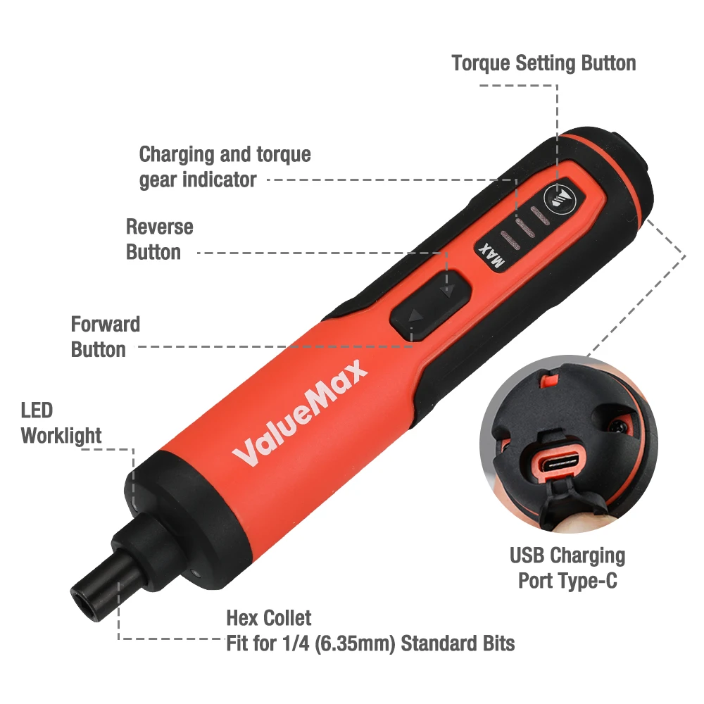 ValueMax Mini Cordless Electric Screwdriver 3.6V USB Rechargeable Power Screwdriver Bit Set Household Disassembly Repair Tools