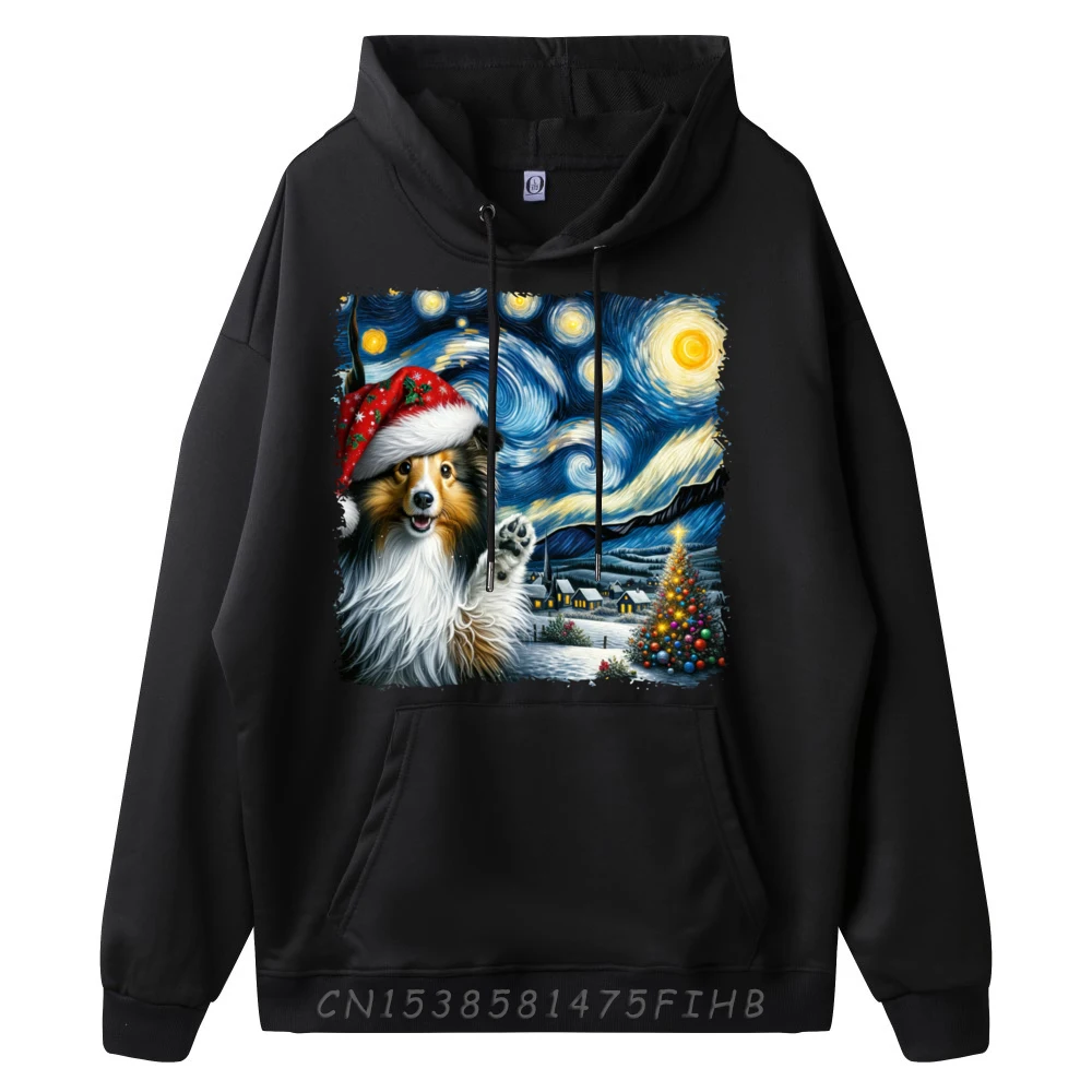 Shetland Sheepdog Santa Starry Night Van Gogh Christmas Dog Luxury Designer Hoodie Man Vaporwave