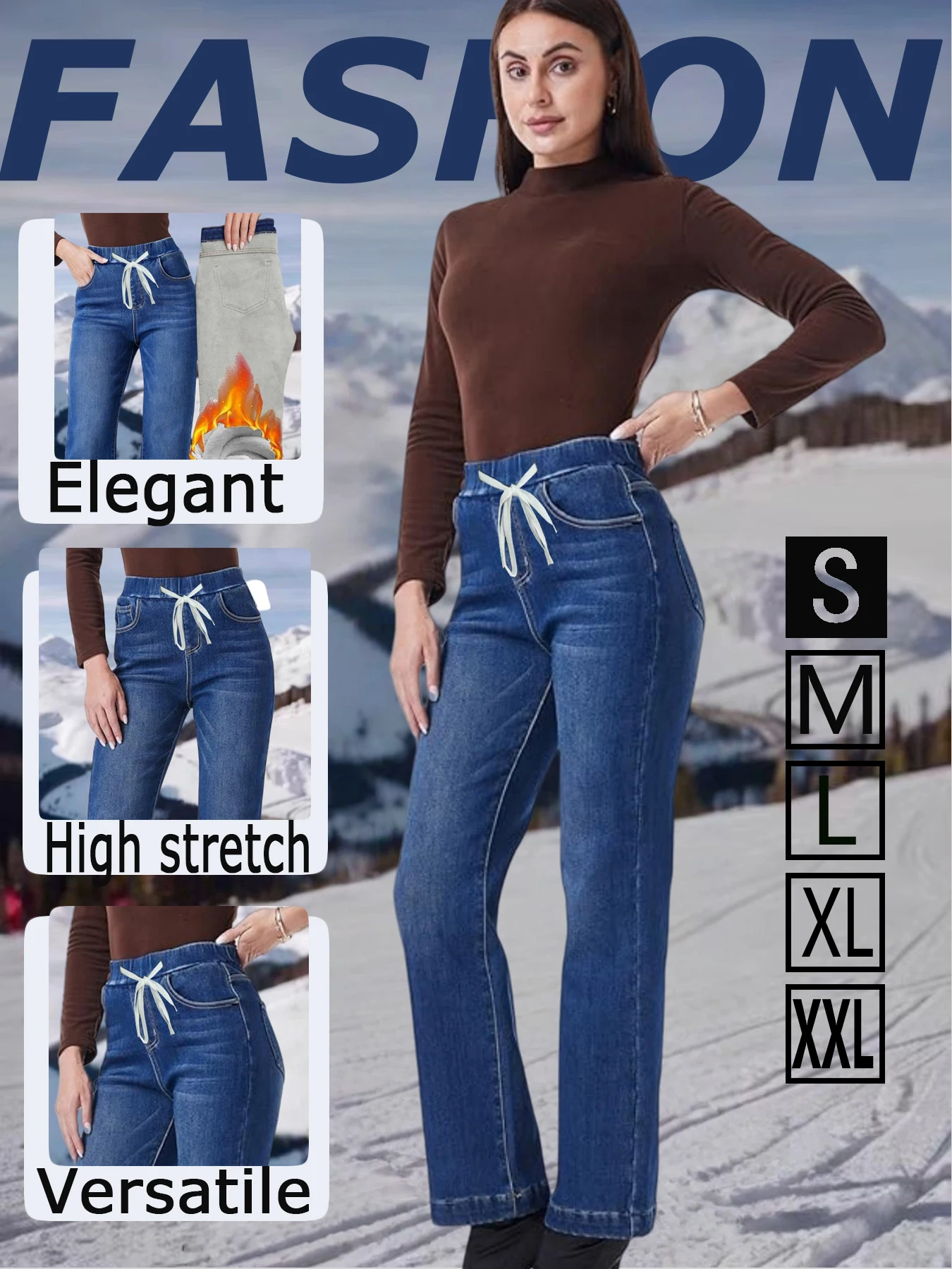 Fleece Lined Warm Drawstring High Waist Wide Leg Pants Thick Inner Washed Whiskering Loose Slim Winter Cold Protection Daily Out
