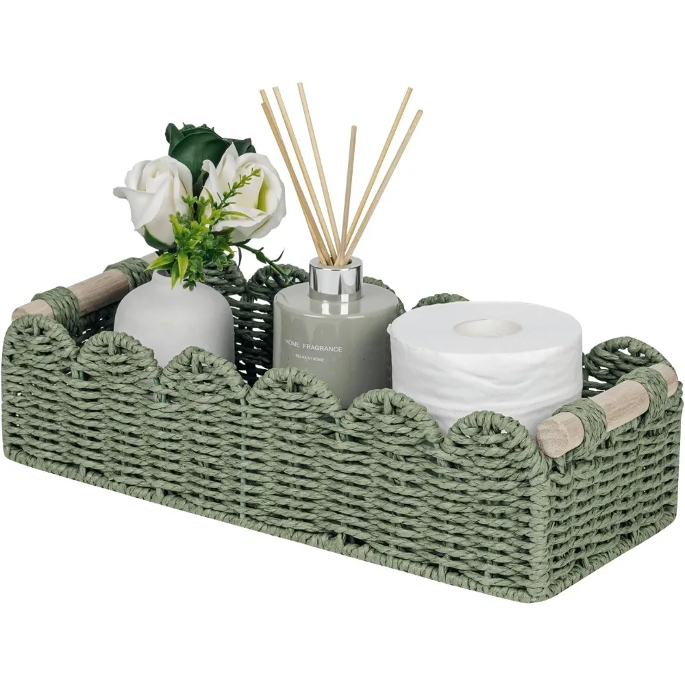 

Toilet Paper Storage Basket Scalloped Edge Home Decor Green Basket, Living Room Cozy Decor, Paper Rope Small Baskets for Over Toilet Storage Shelf, End Table, Shelves, with 2 Wooden Handles