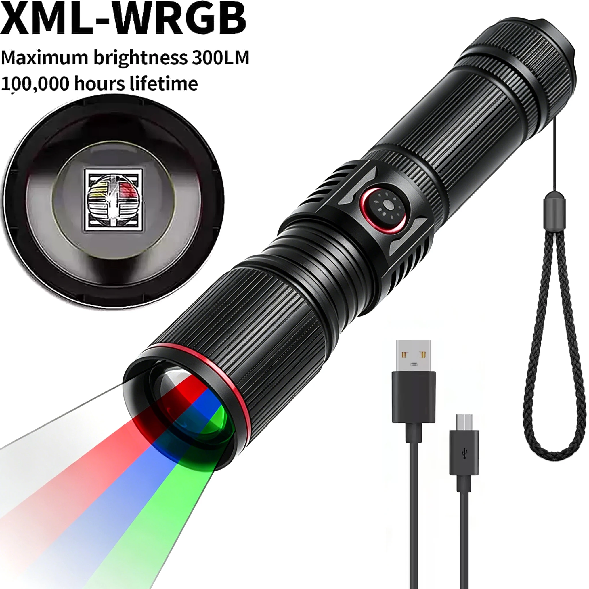 Scalable Zoom Colorful Color Light Flashlight LED Outdoor Photography Fill Light RGB Four-Color Light Flashlight Type-C Charging