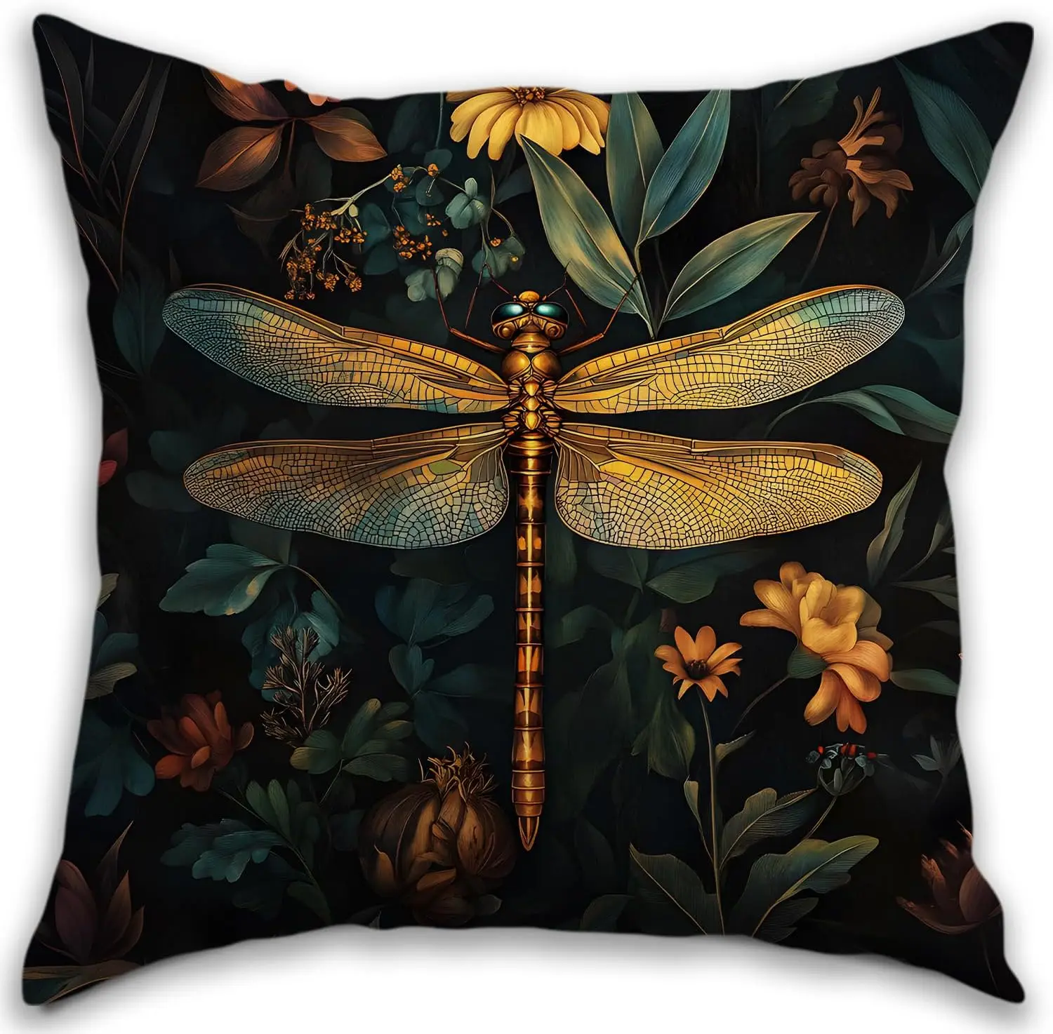 Elegant Dragonfly Botanical Illustration Pillow Cover Cushion Case Jungle Nature Print Decor Accent Pillow 40x40cm