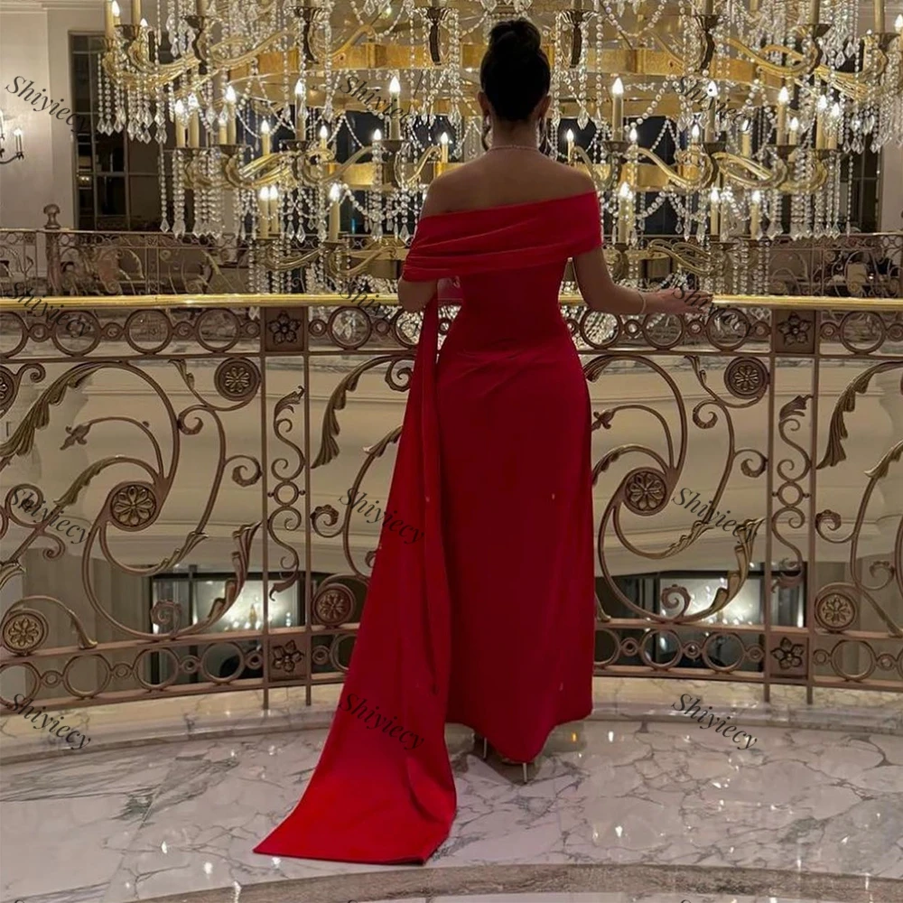 Red Satin Formal Evening Dress Sexy Off the Shoulder Pleats Side Split Prom Dress Ankle Length Celebrity Dresses Saudi Arabia