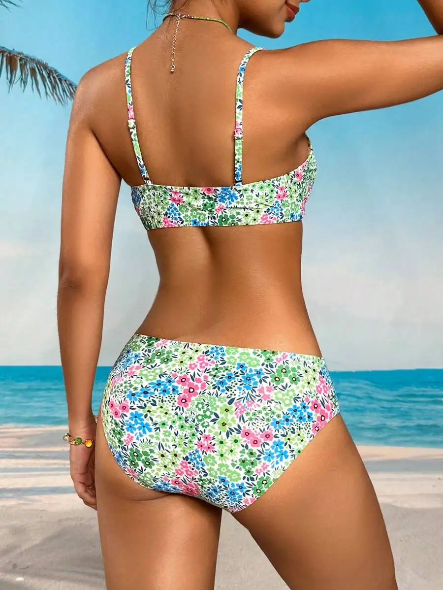

Floral Print High-Waisted Bikini Set For Women – Vibrant Summer Beach Swimwear With Adjustable Straps