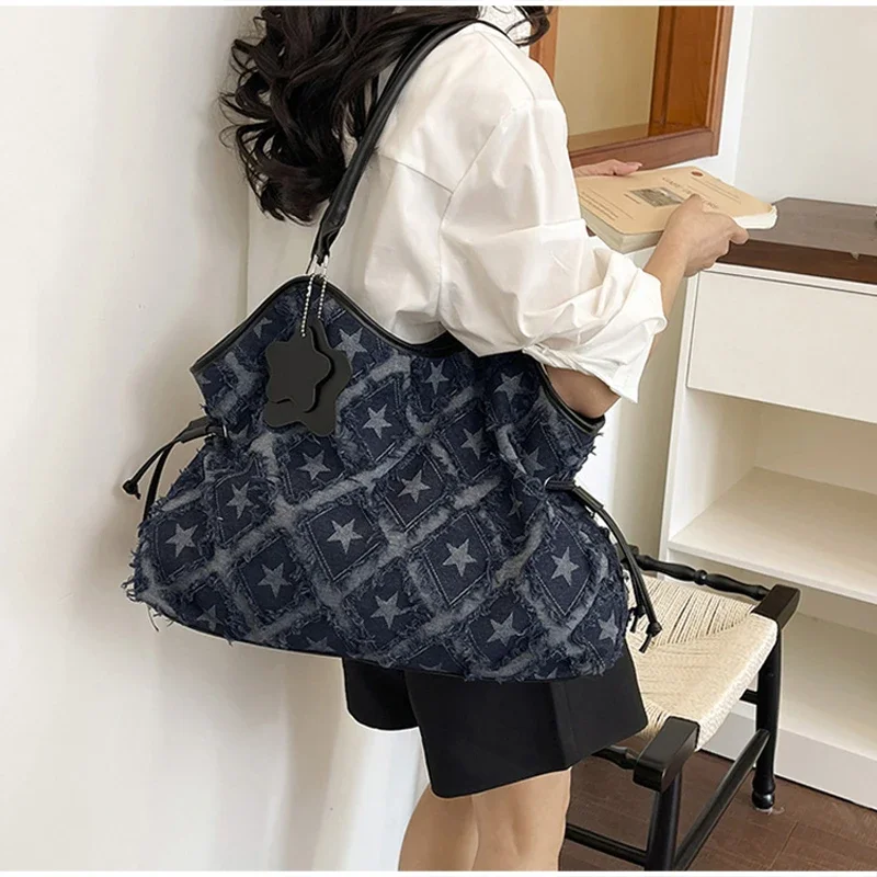 Denim Canvas Grid Umhängetasche, Damen-Umhängetasche mit großem Fassungsvermögen, lässiger, niedlicher Wald-Stil, Reisetasche, Handtasche für den täglichen Pendelverkehr, Blau – Detail 16