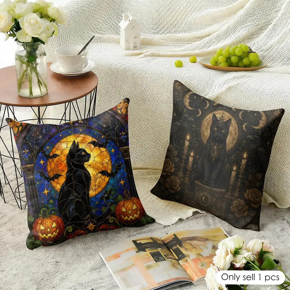 Art Black Cat Halloween Cushion Cover Natural Linen Organic Fabric Double-Sided Printing Breathable Perfect For Home Decor
