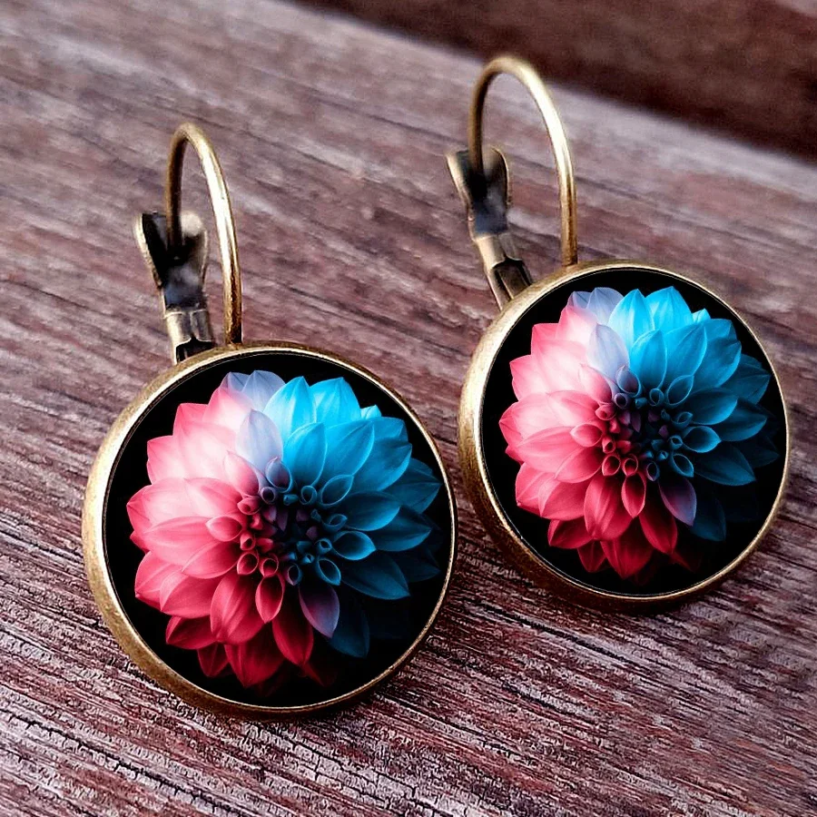 Purple and Blue Flower Women\'s Earrings Colorful French Glass Cabochon Earhooks Fashionable Girl Earrings New Year Gift for Girl