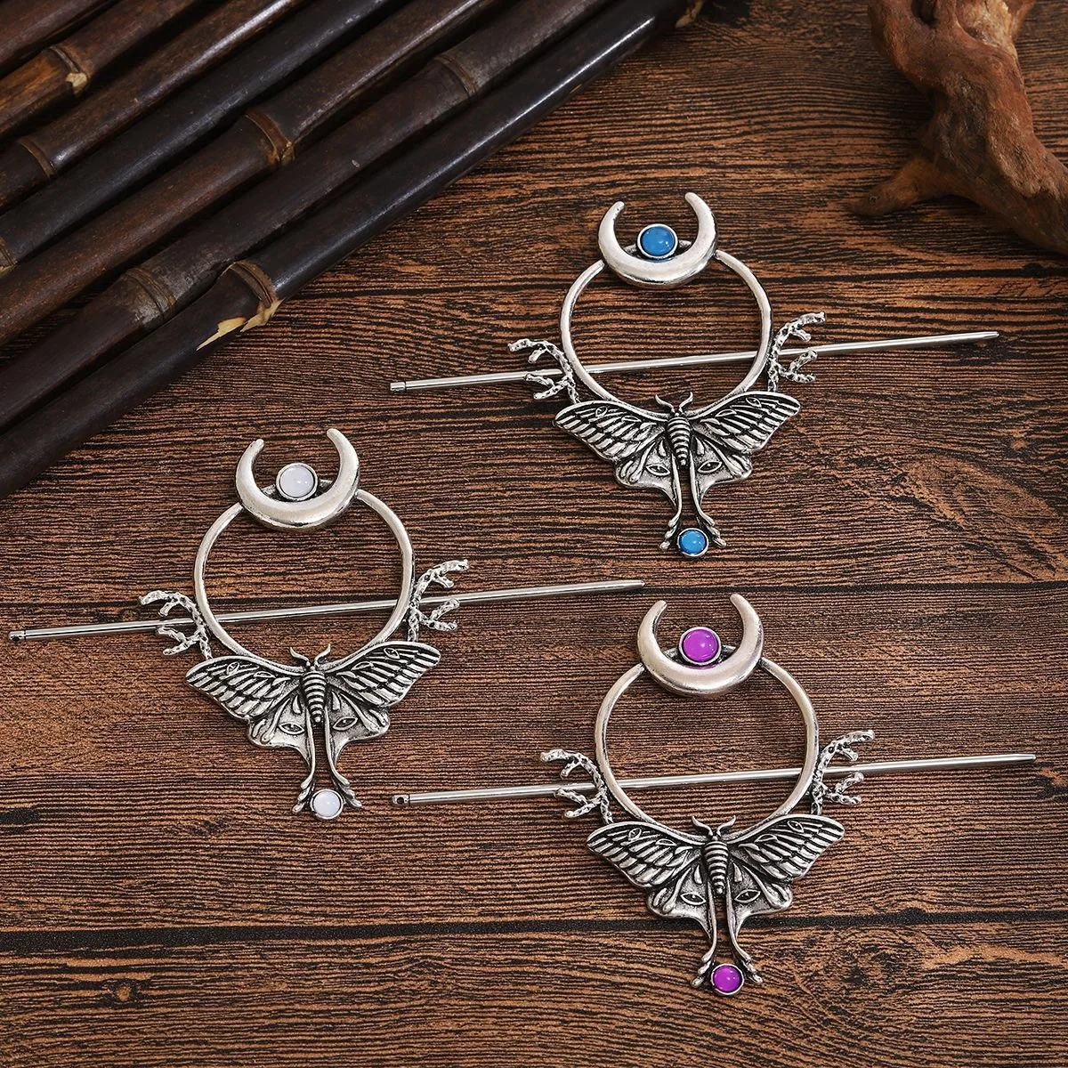 1 قطعة دبوس الشعر خمر الفضة العثة القمر الشرائح الأحجار الكريمة القوطية تصميم ساحر مثالي للأكاديمية المظلمة غامض تحت عنوان بوهو القوطية #1