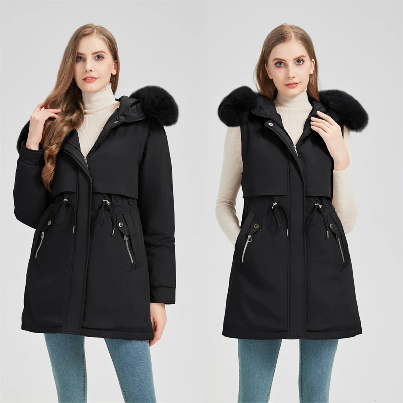 Parka da donna di media lunghezza con interno spesso foderato in pile con coulisse in vita maniche attive collo in pelliccia grande giacche imbottite in cotone con cappuccio tendenza
