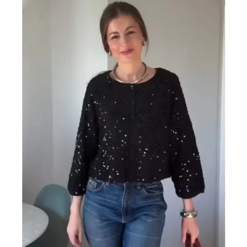 Black All Over Sequin Cardigan Round Neck Single Breasted Button Long Sleeve Loose Cropped Sparkly Party Outerwear Jacket 260701