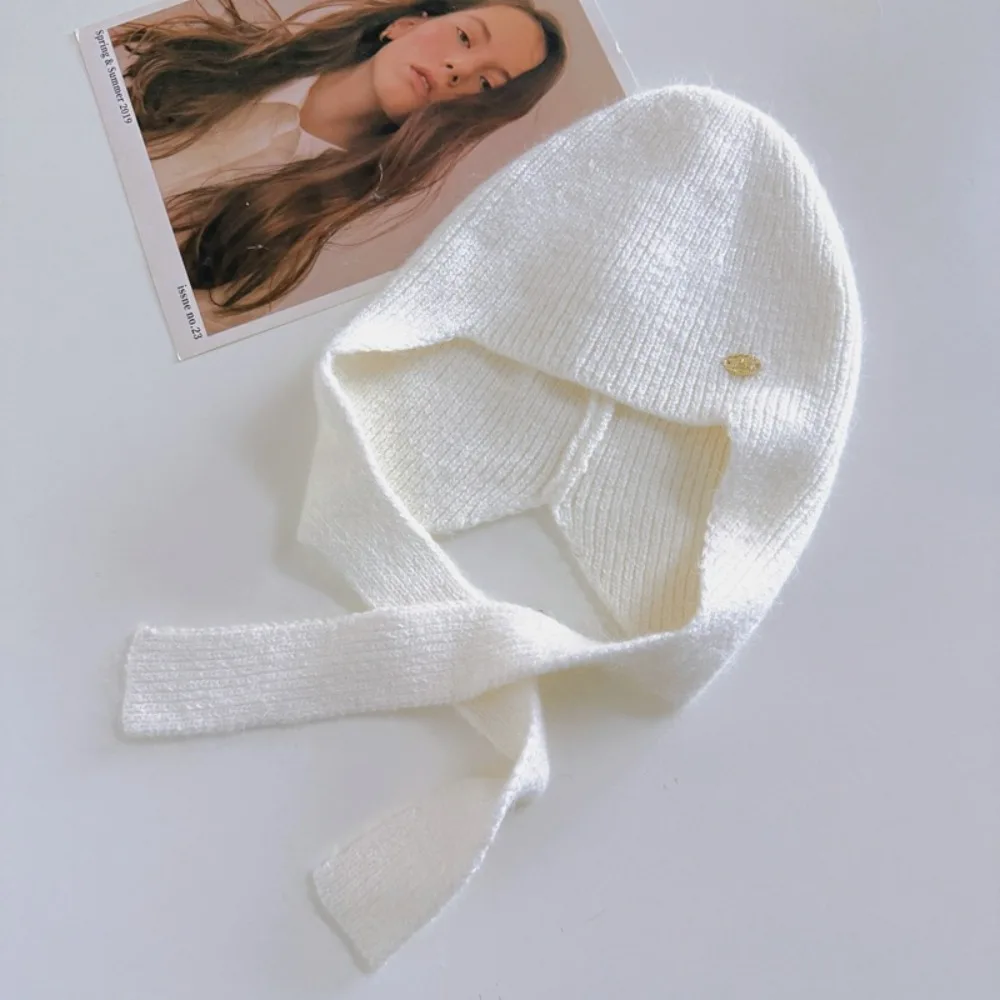 Cute Keep Warm Knitted Hat Coldproof Solid Color Woolen Crochet Beanies Cap Ear Protection Polyester Girls Pullover Cap Outdoor