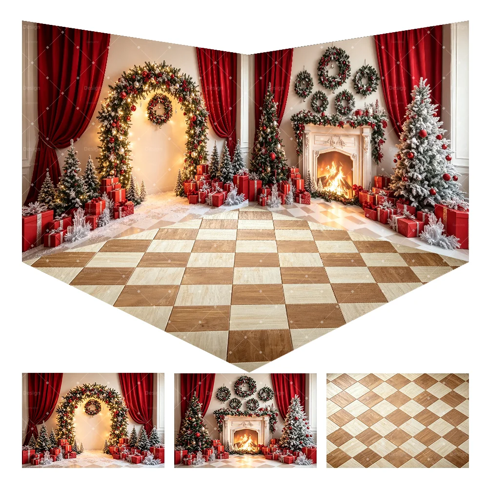 Toile de fond de photographie de Noël avec rideau rouge, arche florale, couronne, cheminée, sapin enneigé, boîte cadeau rouge, accessoire de décoration de studio pour les fêtes