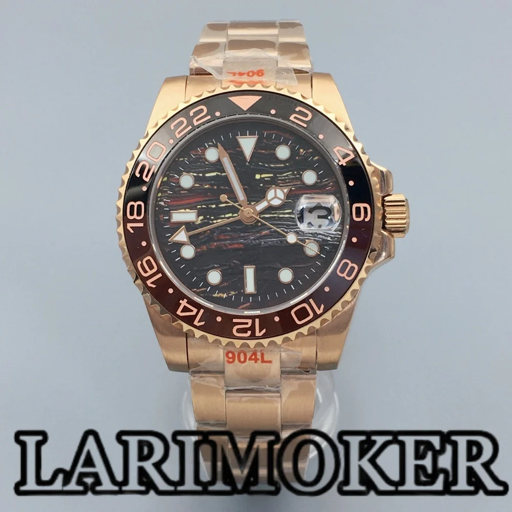

LARIMOKER 41MM Rose Gold GMT Men's NH34 Automatic Mechanical Watches Sapphire Glass Ceramic bezel Diving 10Bar Steel Strap