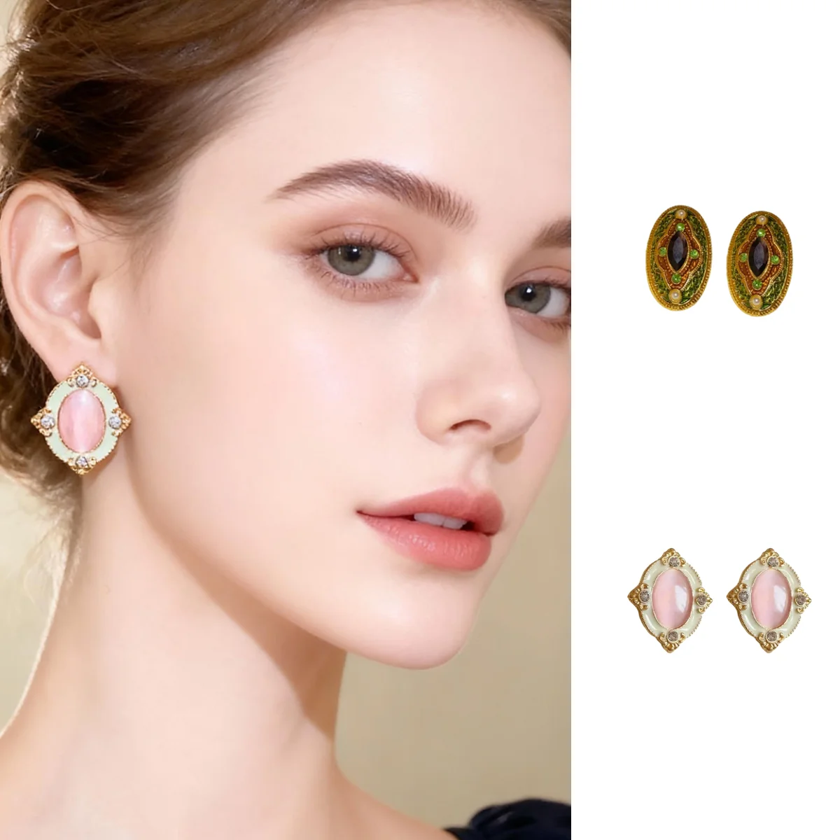

Earring with Rhinestone Drip Detail Oval Cat's Eye Stone Retro Sweet Style Earring with Drip Detail Courtly Style Gift