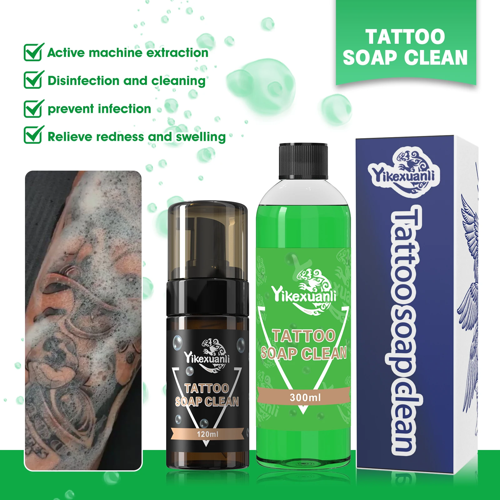 Tattoo Cleansing Foam Set, 300ml Concentrated Tattoo Soap + 120ml Cleaning Mousse for Tattoo Artists, Piercing and Skin Prep