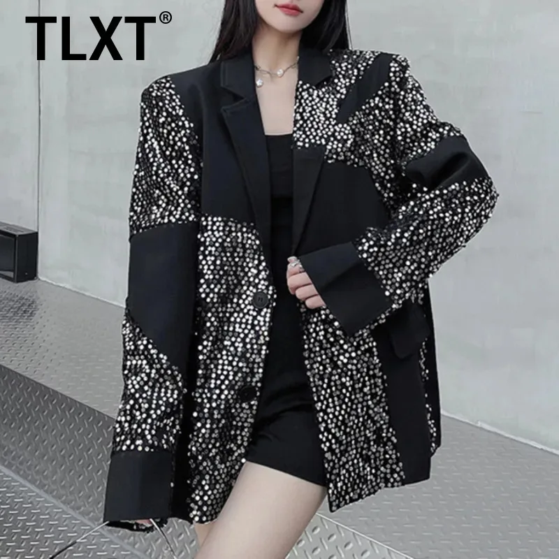 

TLXT Women's Temperament Sequin Patchwork Suit Notched Long Sleeves Contrast Color Casual Jacket 2025 Spring New XK1034