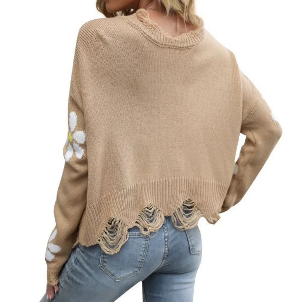 

Осенне-зимняя трикотажная рубашка с длинными рукавами, пуловер с v-образным вырезом, свитер с небольшим цветочным узором, свободный крой для женщин от eBay2023