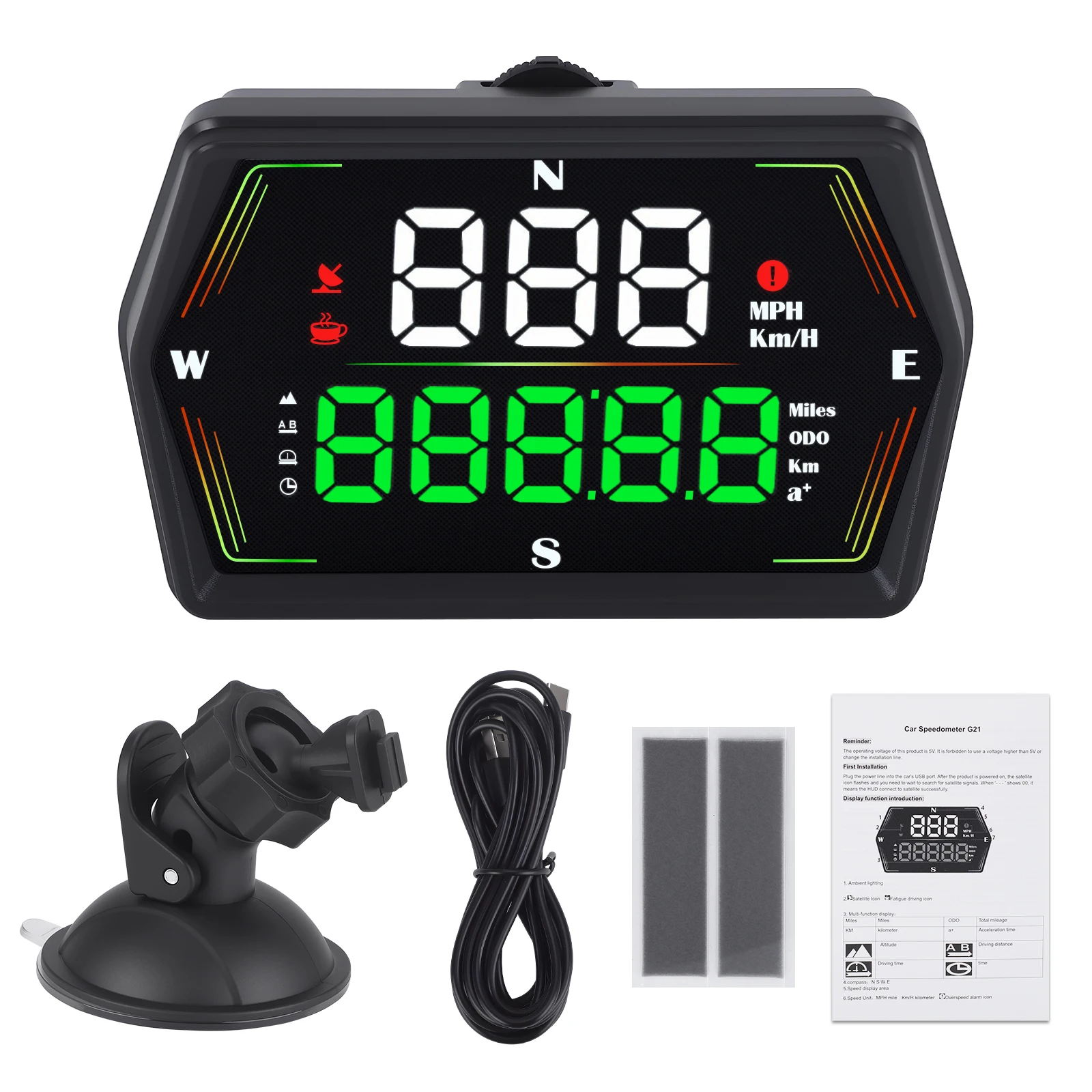 HUD G21 GPS Car Head Up Display Digital Speedometer Big Font Compass Time Overspeed Warning For All Cars Electronic Accessories