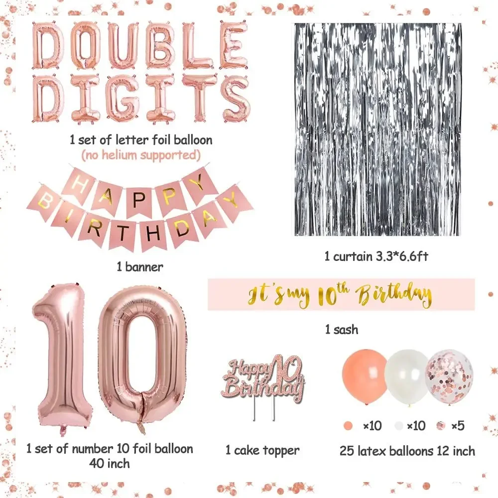 

10th Birthday Party Decorations for Girls Rose Gold Double Digits Happy 10th Birthday Cake Topper Banner Balloons Sash