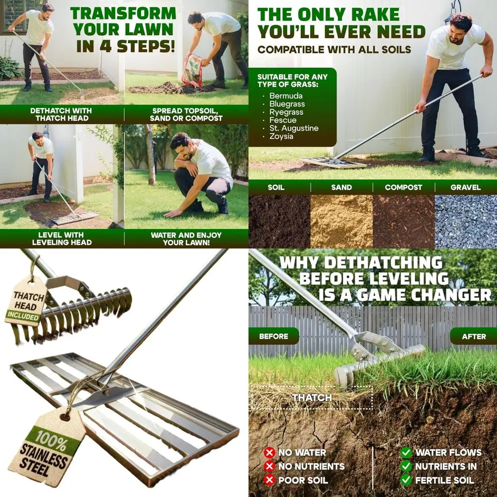 

30 Heavy Duty Stainless Steel Lawn Leveling Rake - Ideal for Yard, Soil, Grass, and Gravel Grading