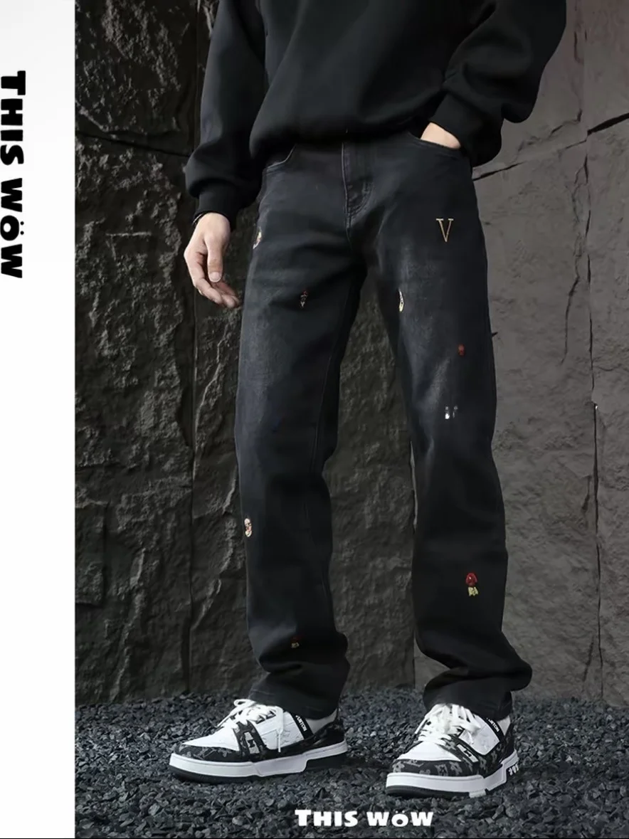 

Джинсы свободного кроя с вышивкой, прямые штанины, эластичный деним, средняя посадка, вышивка, хлопок, стрейч, зимняя одежда