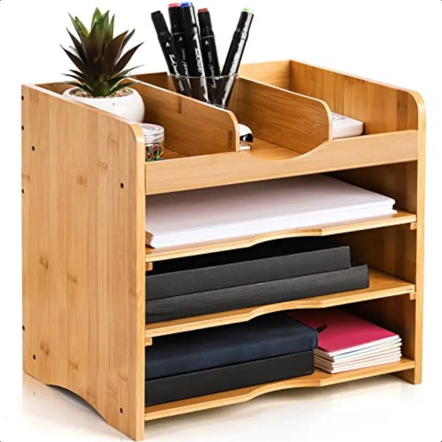 

DEAYOU Bamboo Desk File Organizer 13 Document Letter Tray Sorter with 2 Adjustable Shees 4 Tier Mail Organizer Countertop Paper