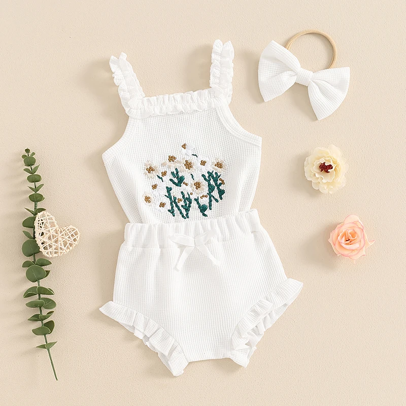 Baby Girl Summer Clothes Shorts Set Waffle Knit Embroidered Floral Sleeveless Tank Romper Ruffle Cuffs Shorts Headband